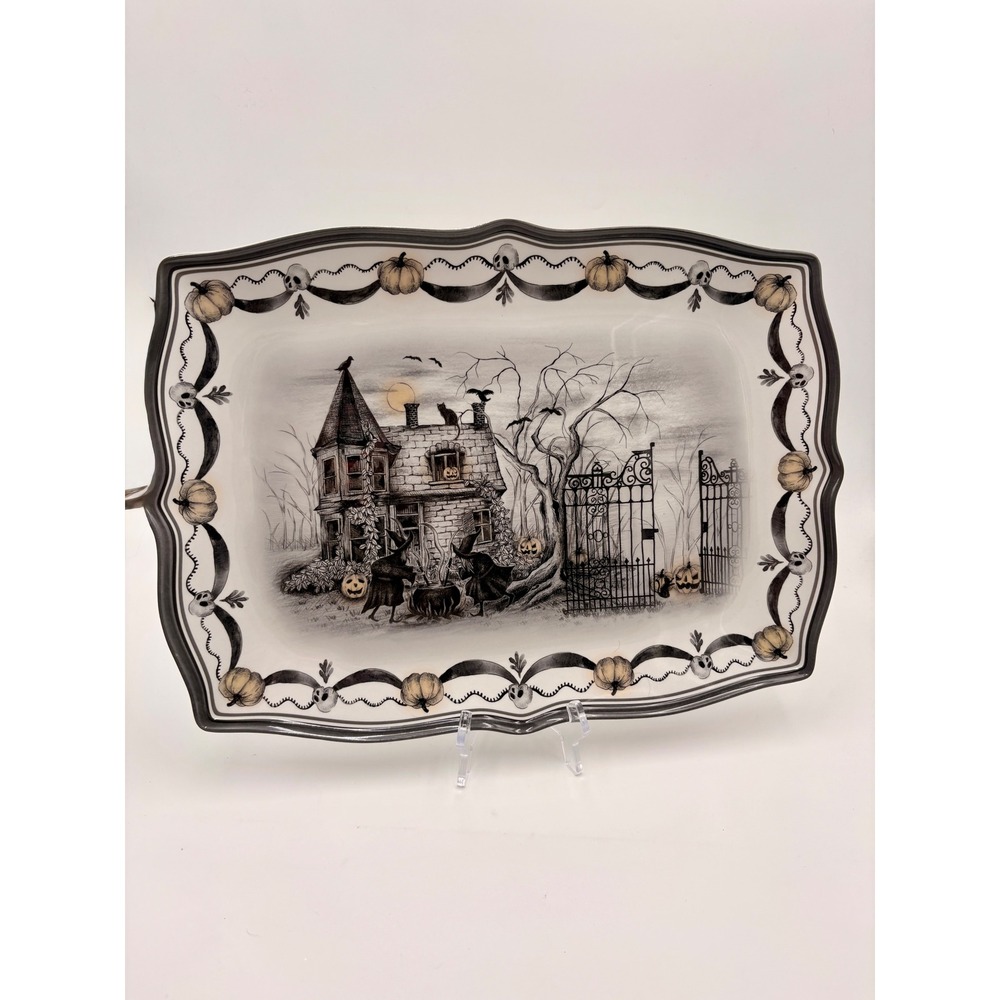 Halloween Haunted House Witches Skulls Large Serving Melamine Platter 18in